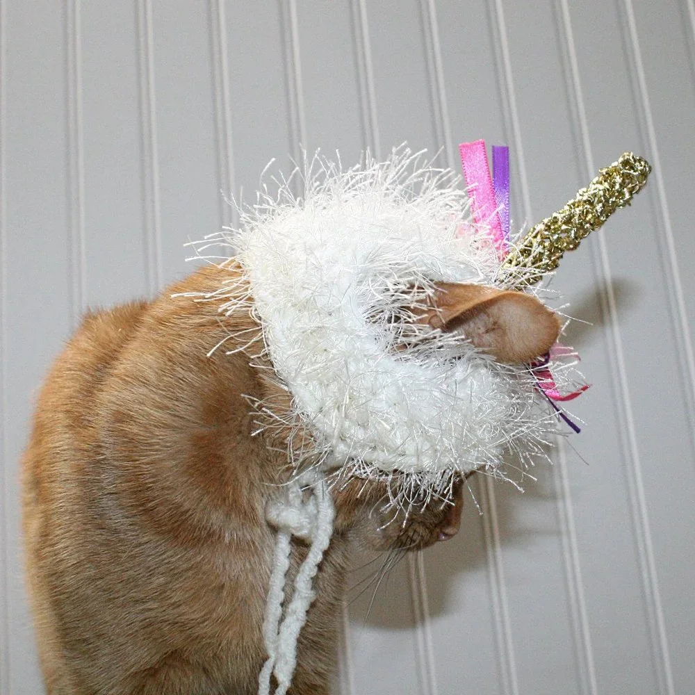 HAND CRAFTED Unicorn Cat Hat Crochet Hairy Wig Costume Photo Prop